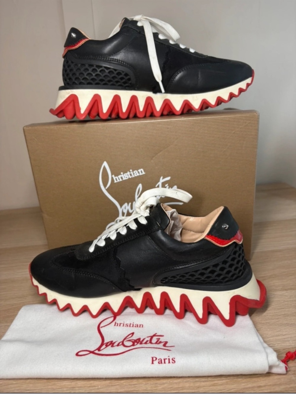 Christian Louboutin Black Leather Sneakers with Red Zigzag Sole - Picture 5 of 5